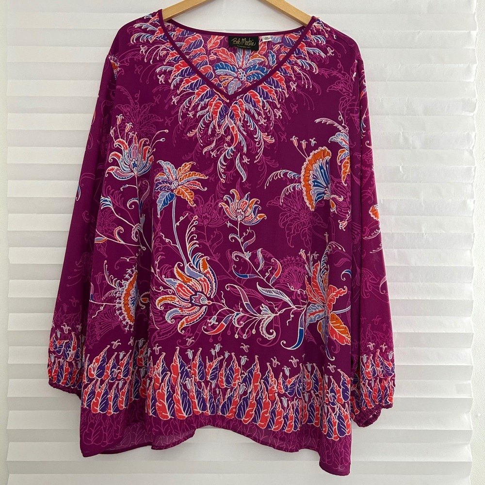 Bob Mackie Wearable Art Women 3X Magenta Floral V-Neck Tunic Blouse Long Sleeve